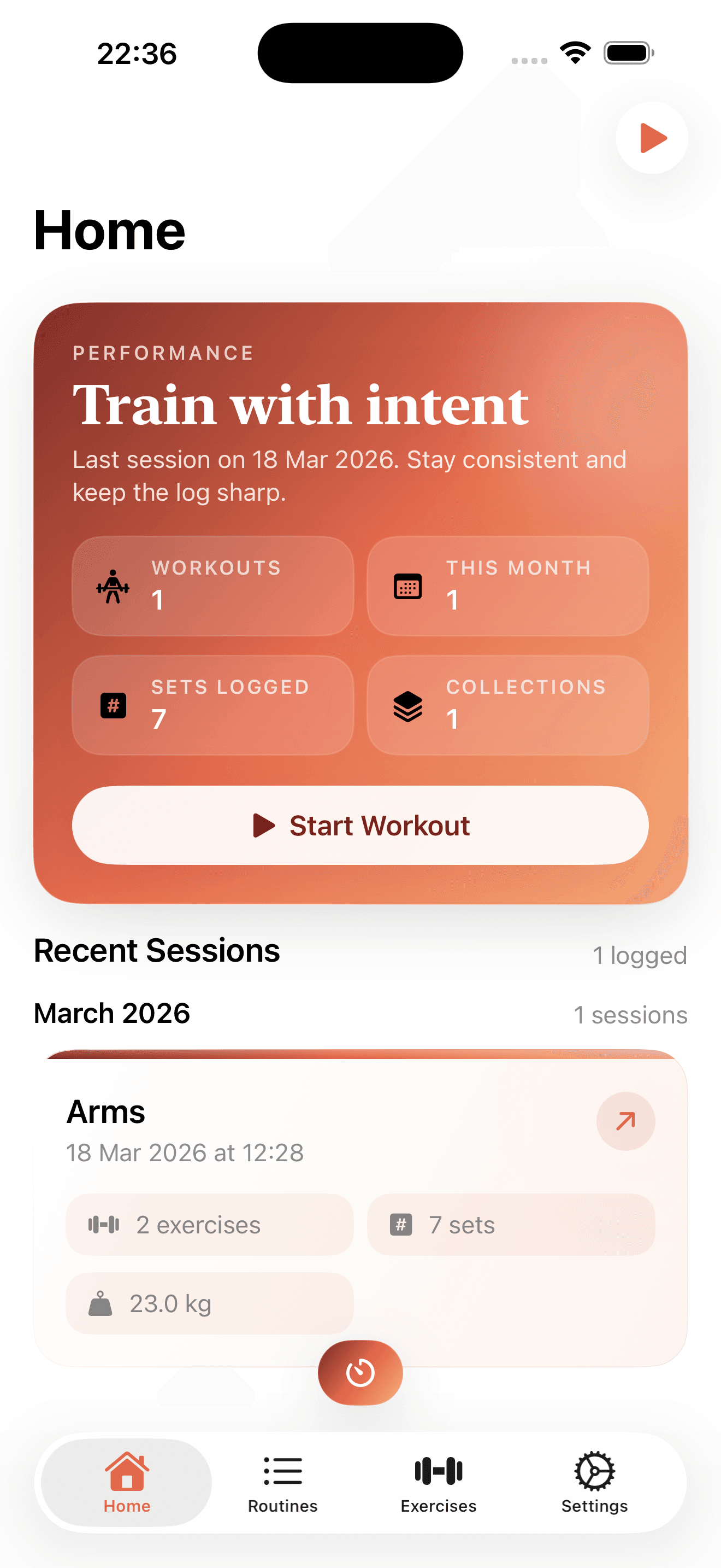 RepLog home screen with a training summary and recent session